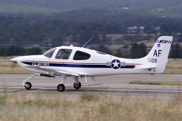 The Cirrus Aircraft T-53A is a small, single engine aircraft at the Academy that replaced the fleet of Diamond DA-40 T-52s in the spring of 2012. It is slightly larger than the T-52 and has a slightly higher horsepower engine. It provides exposure to powered flight and gives cadets the opportunity to solo. (U.S. Air Force photo)