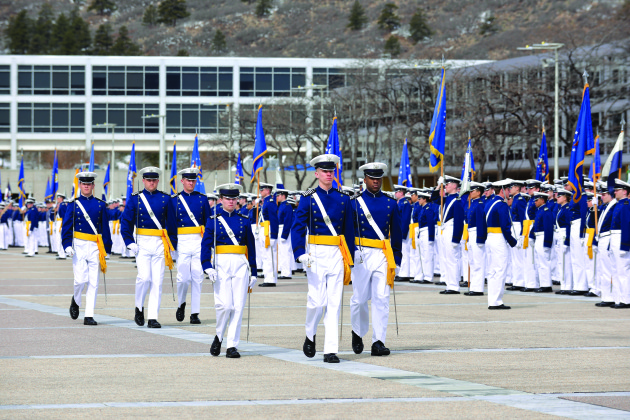 Cadet Wing leadership leads the Founder’s Day Parade April 5 on the terrazzo. Founders Day honors the U.S. Air Force Academy’s founding, which began April 1, 1954, when President Dwight D. Eisenhower signed Public Law 325, 83rd Congress, Second Session, formally authorizing the establishment of an Air Force Academy and appropriating $126 million for its construction. Secretary of the Air Force Harold Talbott announced in June 1954 that the Academy would be built in Colorado Springs.(Liz Copan/U.S. Air Force photo)