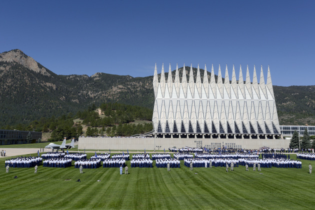 The U.S. Air Force Academy Cadet Wing is formed up on the terrazzo as Air Force Chief of Staff Gen. Mark A. Welsh III, Lt. Gen. Mike Gould, superintendent of the U.S. Air Force Academy and incoming superintendent Lt. Gen. Michelle Johnson begin the change of command ceremony held in Colorado Springs, Colo., Aug. 12, 2013. (U.S. Air Force photo by Mike Kaplan/Released)