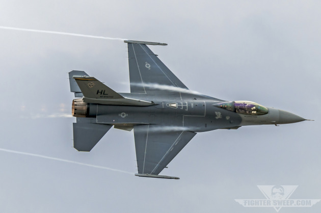 Captain Garrett "MACE" Dover pulls his F-16CG through a high-G turn while demonstrating the tactical capabilities of the aircraft.