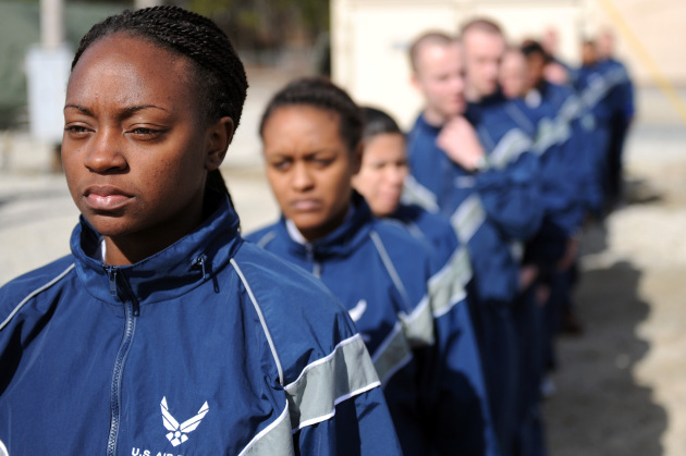 Air Force Reserve Officer Training Corps cadets gather in formation to prepare for team building exercises during a Field Training Preparatory Exercise, Feb. 22, 2014, at Seymour Johnson Air Force Base, N.C. Cadets learned the importance of teamwork as they creatively solved problems with teams of more than 20 members. (U.S. Air Force photo by Airman 1st Class Aaron J. Jenne)