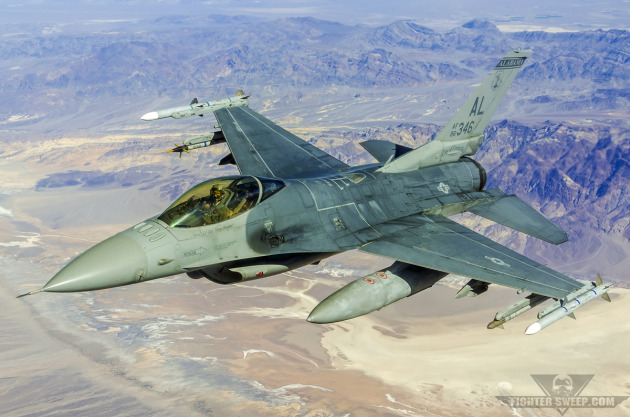 "Fatty," a pilot with the Alabama Air National Guard's 100 FS, flies a Block 30 F-16C+ over Death Valley during a training mission.