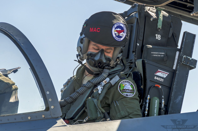 "Mac," a Boeing F-15C pilot with the Oregon Air National Guard's 123 FS, starts his jet in preparation for a training mission.