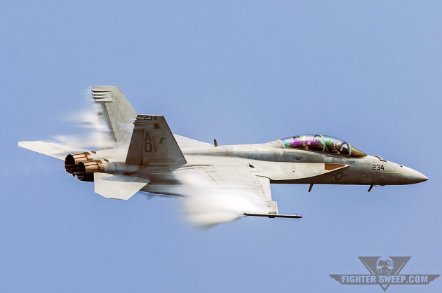 A Boeing F/A-18F Super Hornet from the "Gladiators" of VFA-106 performs a TacDemo for a crowd in Ocean City, Maryland. VFA-106 is the U.S. Navy's East Coast Super Hornet FRS. (Photo by Scott Wolff)