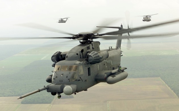 MH-53 of the 20th Special Operations Squadron Hurlburt Field Fl., flies over the local area.