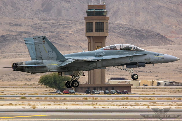A Royal Canadian Air Force CF-188 Hornet gets airborne at Nellis Air Force Base, Nevada during the Aviation Nation Airshow. (Photo by Scott Wolff)