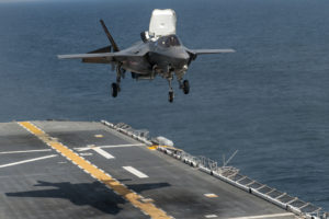 An F-35B Lightning II aircraft takes off from the amphibious assault ship USS Wasp (LHD 1) during the second at-sea F-35 developmental test event. (U.S. Navy photo courtesy of Lockheed Martin by Todd R. McQueen/Released)/Released)
