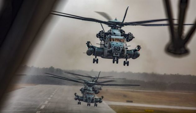 US Marine Corps CH-53E Super Stallions take a during a Max Launch